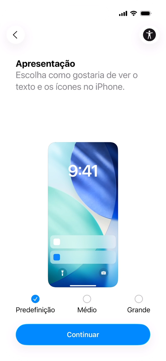 Escolha o tamanho pretendido para o texto e ícones no telefone e prima Continuar.