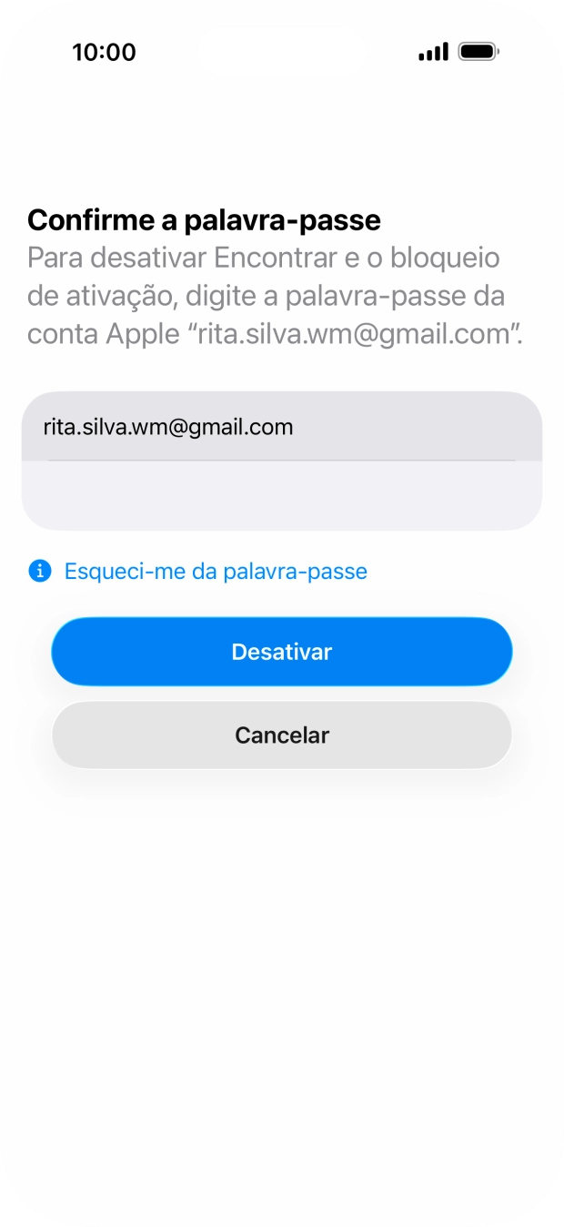 Introduza a password do ID Apple e prima Desactivar. Aguarde um momento enquanto o telefone restabelece as definições originais. Siga as indicações no ecrã para configurar o telefone de modo que este fique pronto a ser utilizado.
