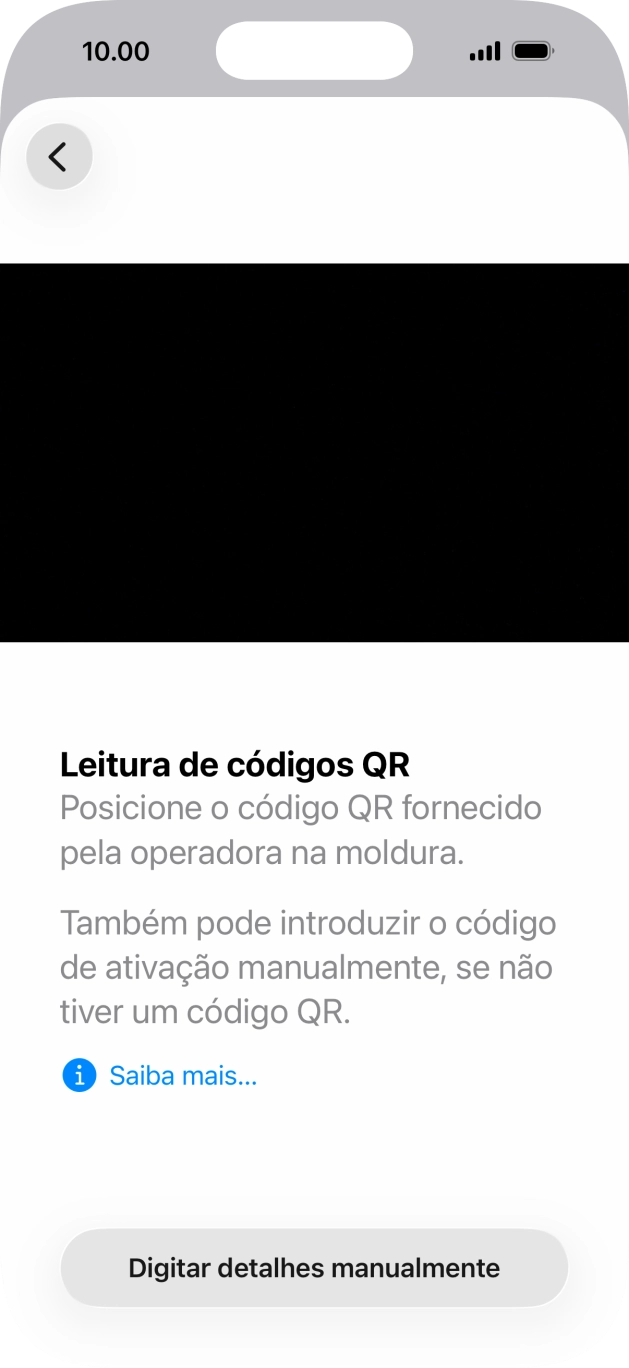 Para scanear o código QR enviado enquadre-o na moldura da câmara do telefone.