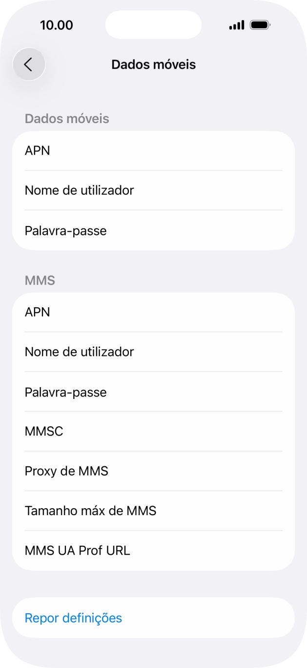 Prima APN e insira net2.vodafone.pt.