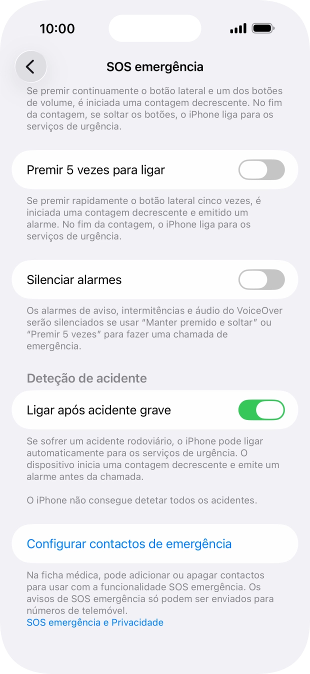 Prima Configurar contactos de emergência e siga as indicações no ecrã para introduzir a sua informação de emergência e os seus contactos de emergência.