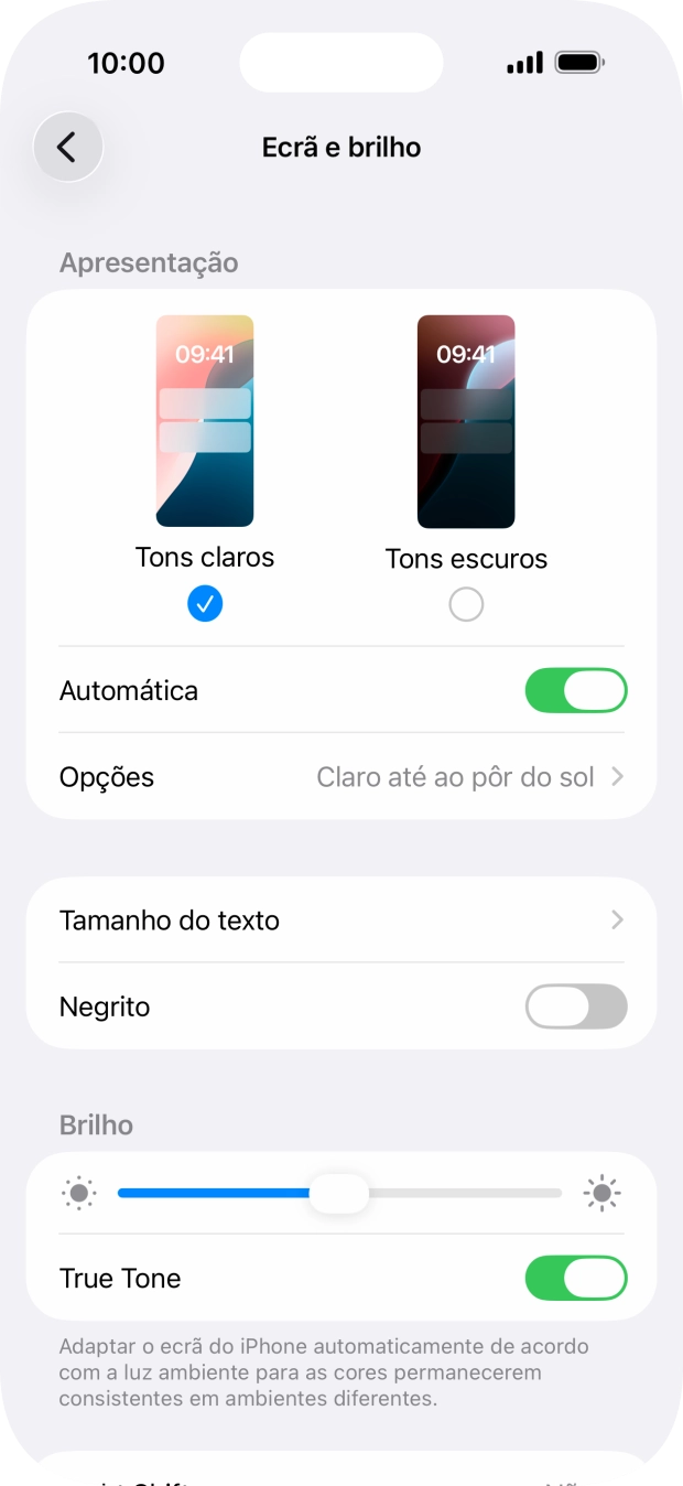 Quando ativar a função, prima Opções e siga as indicações no ecrã para escolher o período pretendido para o Modo Escuro.