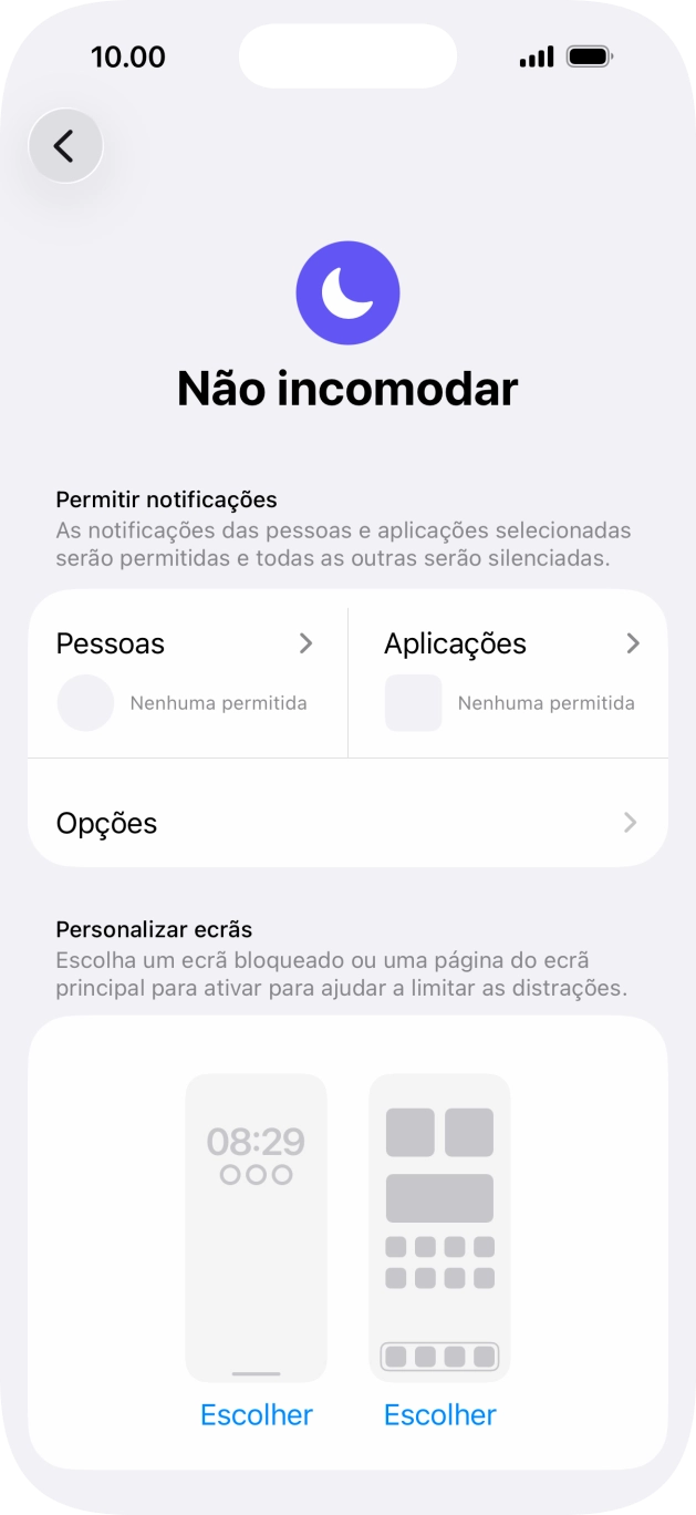 Prima Pessoas e siga as indicações no ecrã para escolher quais os contactos de que pretende receber chamadas e notificações, enquanto a função “Não incomodar” está ativada.