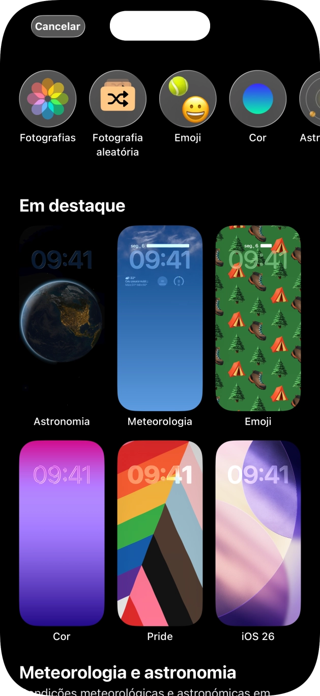 Prima a categoria pretendida e siga as indicações no ecrã para escolher a imagem de fundo pretendida.