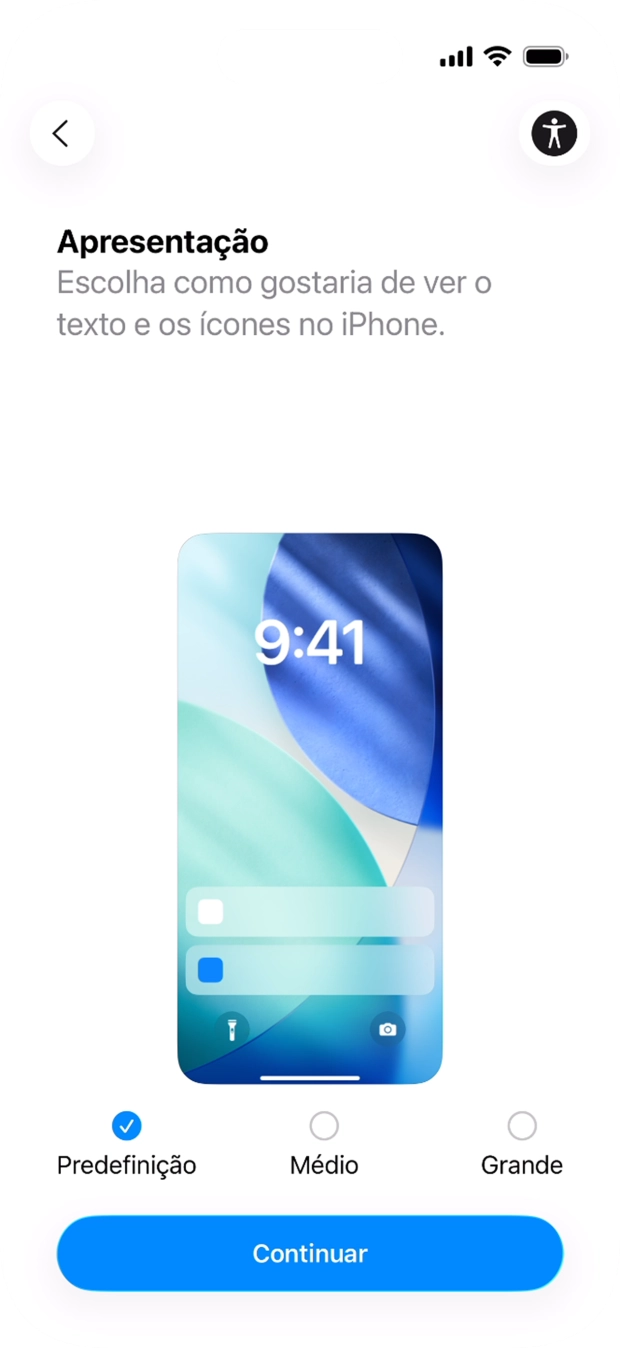 Escolha o tamanho pretendido para o texto e ícones no telefone e prima Continuar.