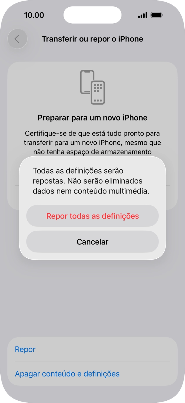 Prima Repor todas as definições.