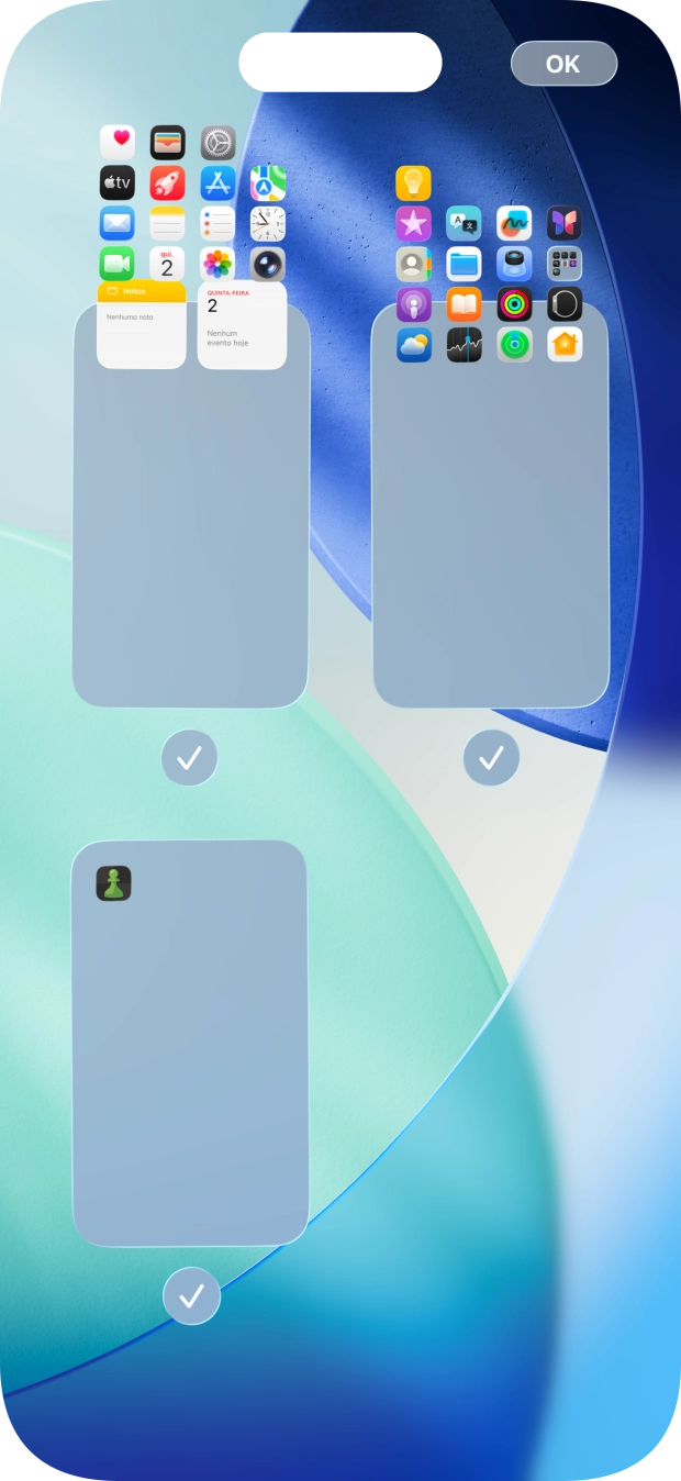 Prima os campos sob as páginas do ecrã inicial pretendidas, para ativar ou desativar a exibição de páginas.