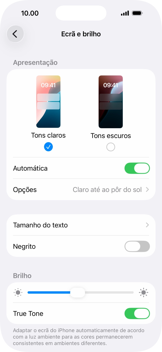 Quando ativar a função, prima Opções e siga as indicações no ecrã para escolher o período pretendido para o Modo Escuro.