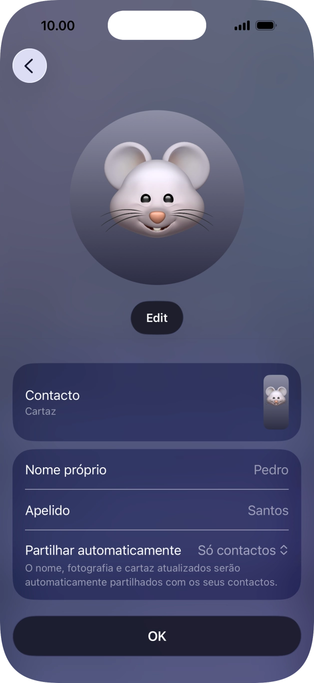 Prima os campos do nome e siga as indicações no ecrã para editar o seu nome no cartaz de contacto.