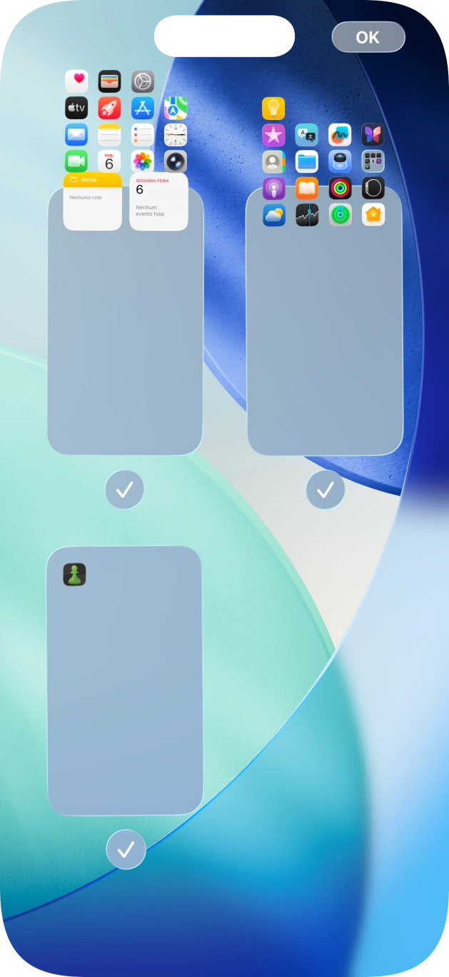 Prima os campos sob as páginas do ecrã inicial pretendidas, para ativar ou desativar a exibição de páginas.