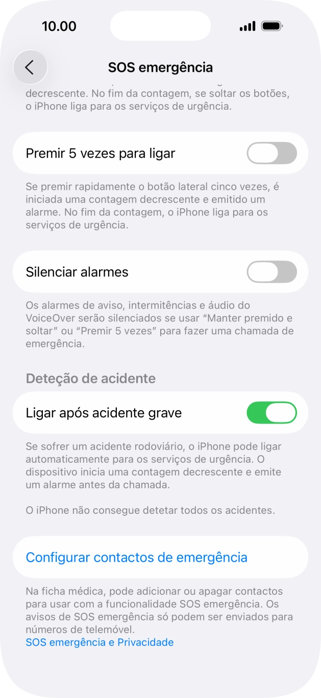 Prima Configurar contactos de emergência e siga as indicações no ecrã para introduzir a sua informação de emergência e os seus contactos de emergência.