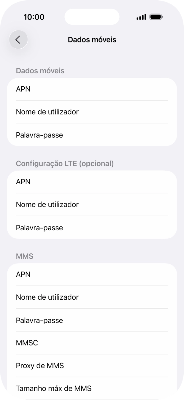 Prima APN e insira net2.vodafone.pt.