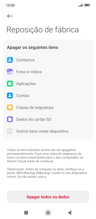 Prima Apagar todos os dados.