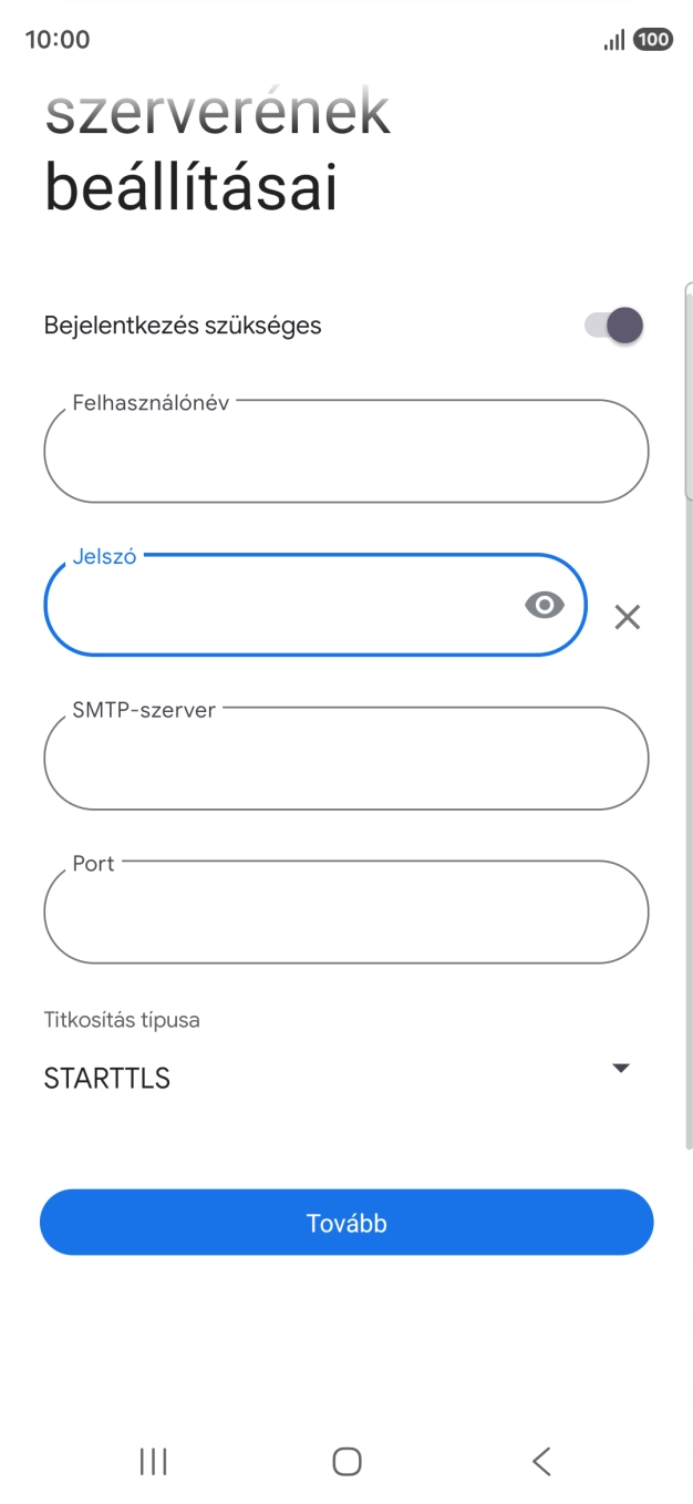 Kattints az „SMTP-szerver” alatti mezőre, és írd be az e-mail szolgáltatód kimenő szerverének a nevét.