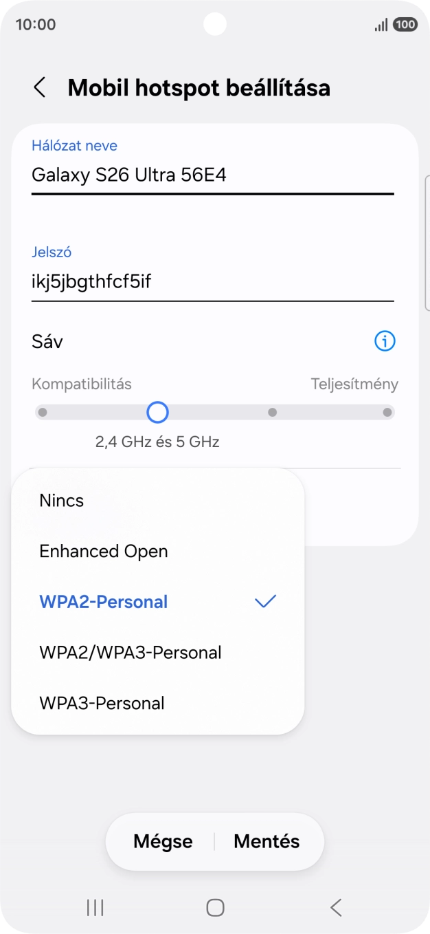Válaszd a WPA3-Personal lehetőséget, ha jelszóval szeretnéd védeni a Wi-Fi hotspotodat. Válaszd a WPA3-Personal lehetőséget, ha jelszóval szeretnéd védeni a Wi-Fi hotspotodat.