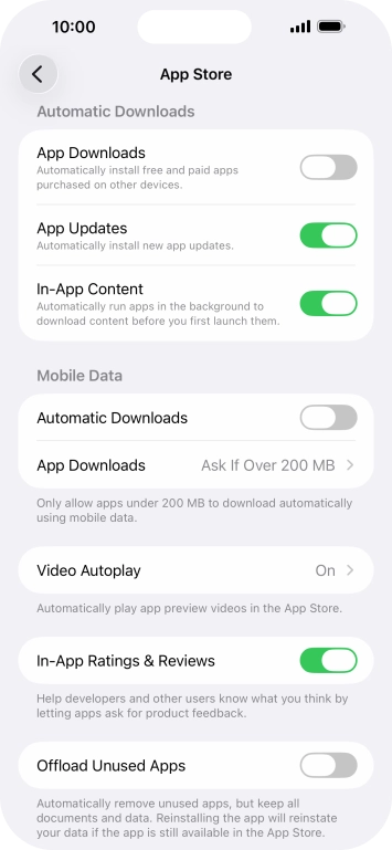 Press the indicator next to 'App Updates' to turn the function on or off. Press the indicator next to 'App Updates' to turn the function on or off.