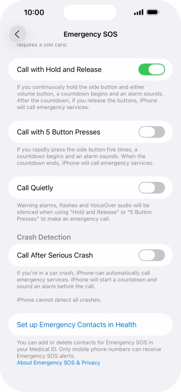 Press the indicator next to 'Call After Serious Crash' to turn on the function.