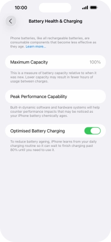 Press the indicator next to 'Optimised Battery Charging' to turn the function on or off.