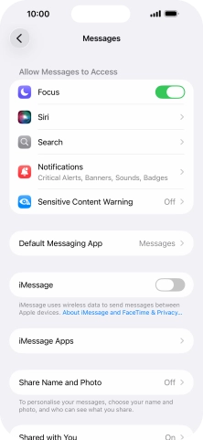 Press the indicator next to 'iMessage' to turn on the function. Press the indicator next to 'iMessage' to turn on the function.