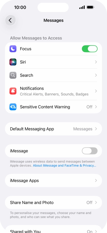 Press the indicator next to 'iMessage' to turn on the function. Press the indicator next to 'iMessage' to turn on the function.