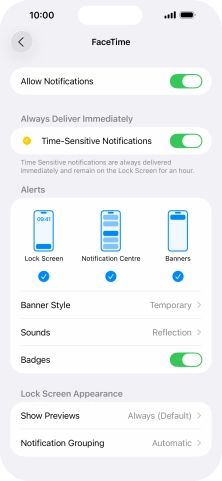 Press the indicator next to 'Allow Notifications' to turn notifications for the selected application on or off. Press the indicator next to 'Allow Notifications' to turn notifications for the selected application on or off.