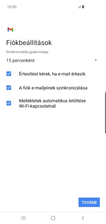 Amennyiben a kijelzőn ez a képernyőkép látható, az e-mail-fiókodat felismerte a rendszer, és automatikusan beállította. Kövesd a képernyőn megjelenő utasításokat  további adatok csatolásához, és fejezd be az új fiók létrehozását.