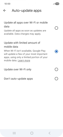 To turn on automatic update of apps using mobile network, press Update all apps over Wi-Fi or mobile data.
