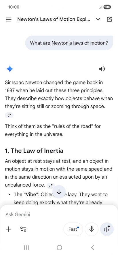 Transcription of the conversation with Gemini Live is now displayed.