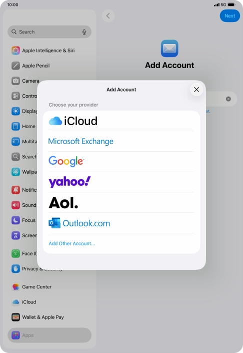 Press Add Other Account... and key in your email address. Press Add Other Account... and key in your email address.