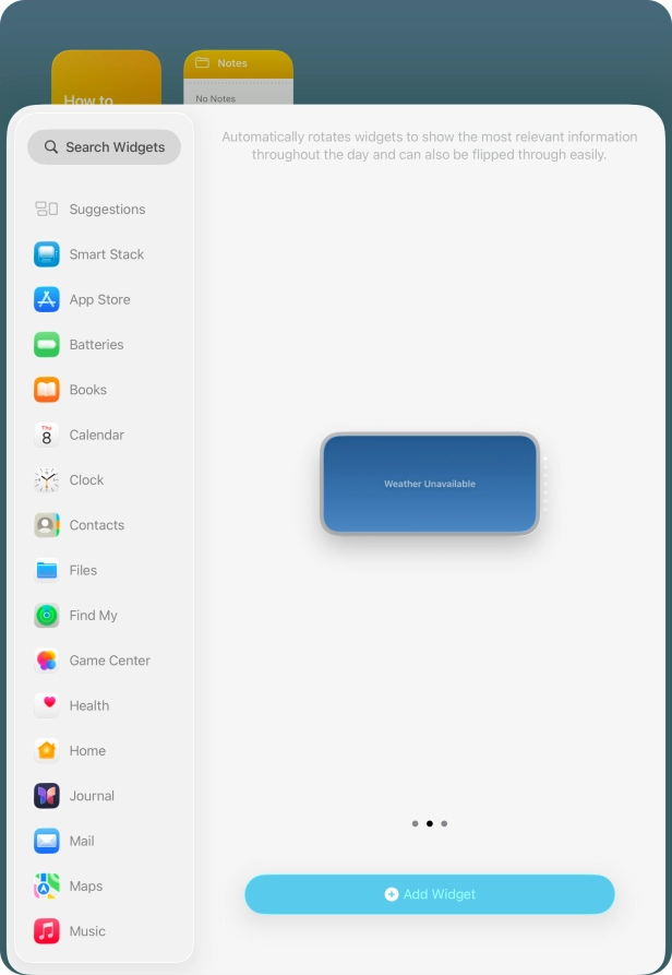 Slide your finger right or left on the screen to select the required widget size.