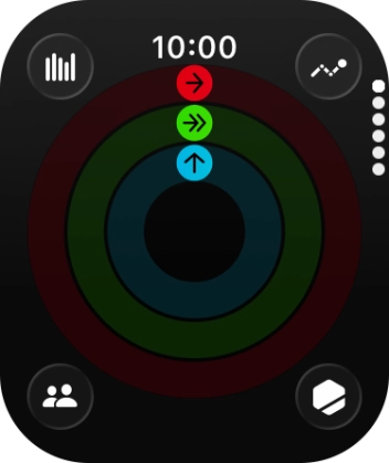 The screen will tell you how far you are from completing your daily activity goals. When the coloured rings are closed, you've reached the goals of your daily activity.