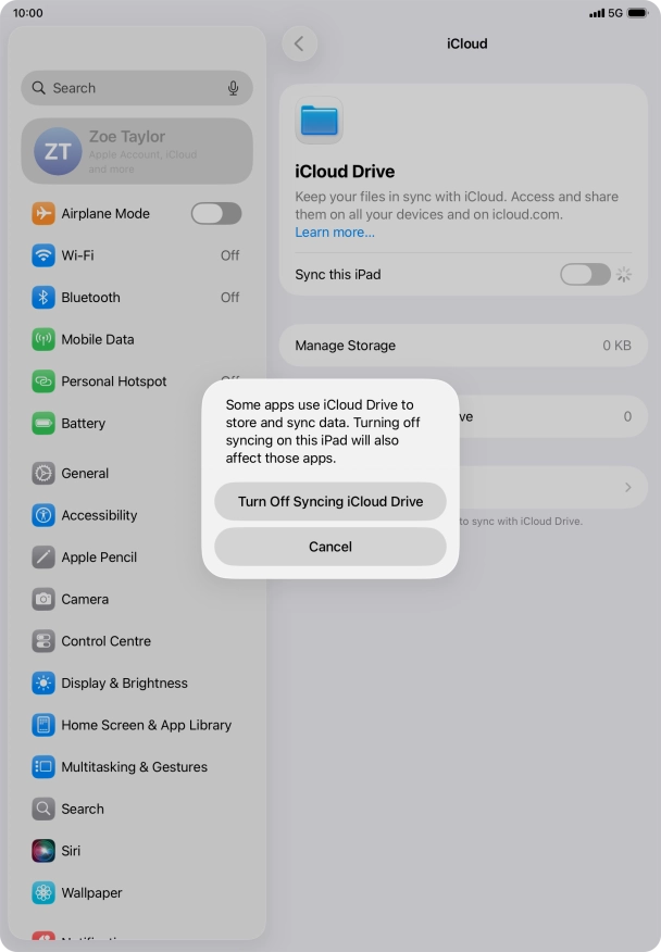 If you turn off the function, press Turn Off Syncing iCloud Drive.