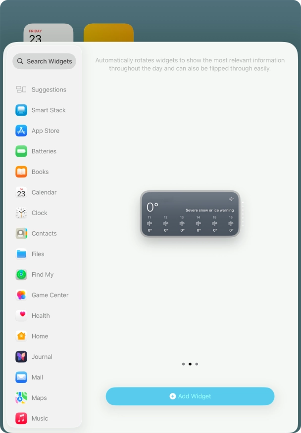 Slide your finger right or left on the screen to select the required widget size.