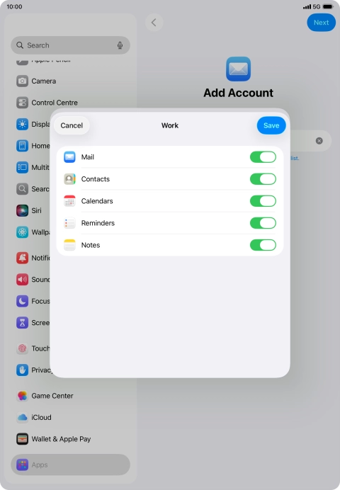Press the indicators next to the required data types to turn synchronisation of each data type on or off.