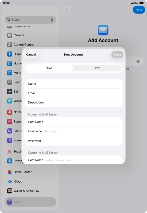 Press Username and key in the username for your email account.