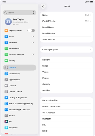 Your tablet's software version is displayed next to iPadOS Version.