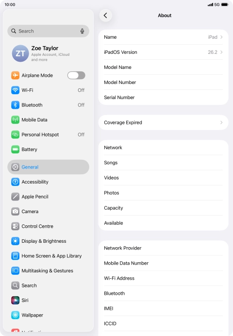 Your tablet's software version is displayed next to iPadOS Version.