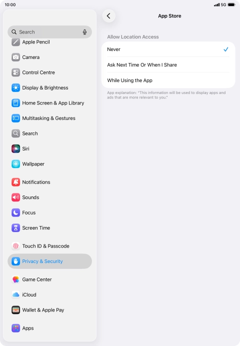 Press the required setting to turn the function on or off.