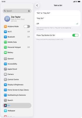 Press the required setting to turn the function on or off. If you turn on the function, you need to follow the instructions on the screen to set up Siri to recognise your voice.