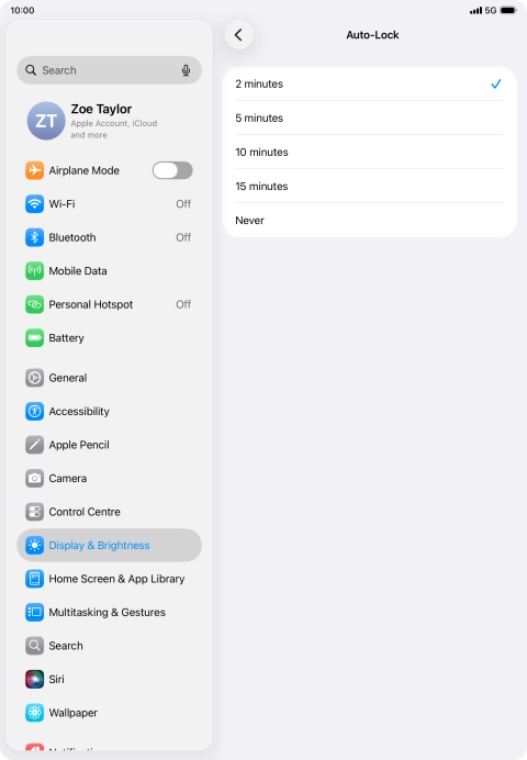 Press the required setting.