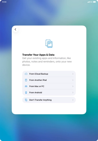 When this screen is displayed, your tablet is ready to restore content from an iCloud backup.