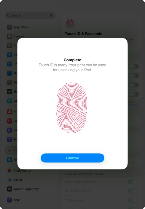 Press Continue. If you haven't previously selected a lock code, key in a code of your own choice twice.