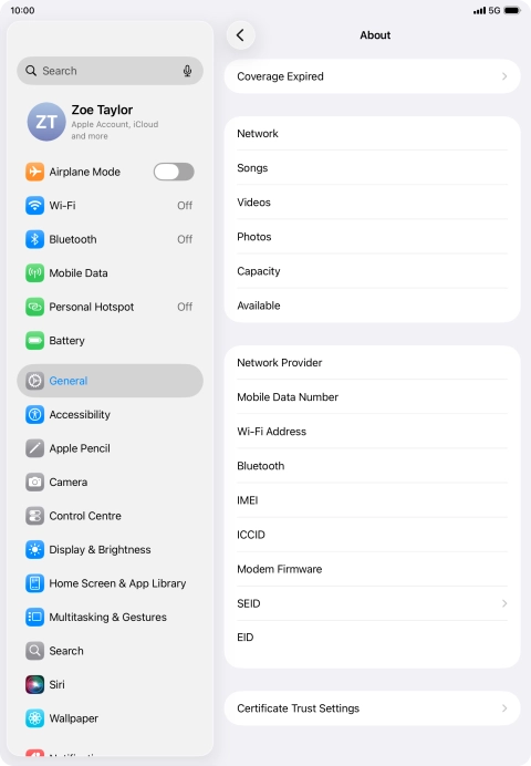 Your tablet's EID number is displayed below EID.