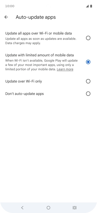 To turn on automatic update of apps using mobile network, press Update all apps over Wi-Fi or mobile data. To turn on automatic update of apps using mobile network, press Update all apps over Wi-Fi or mobile data.
