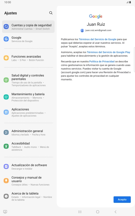 Pulsa Acepto y sigue las indicaciones de la pantalla para seleccionar los ajustes de tu cuenta de Google. Pulsa Acepto y sigue las indicaciones de la pantalla para seleccionar los ajustes de tu cuenta de Google.