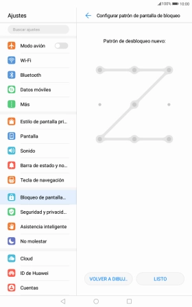 Desliza el dedo por la pantalla para unir por lo menos cuatro puntos, repitiendo la misma operación y pulsa LISTO. Desliza el dedo por la pantalla para unir por lo menos cuatro puntos, repitiendo la misma operación y pulsa LISTO.
