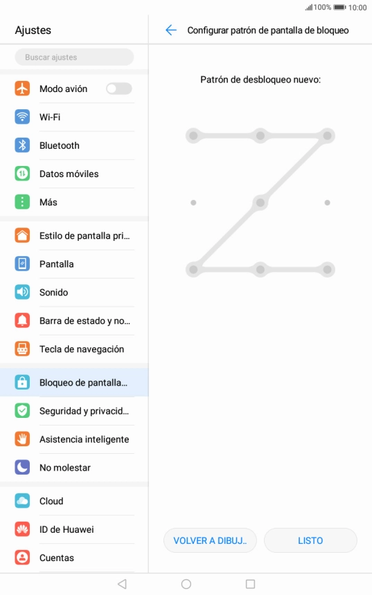 Desliza el dedo por la pantalla para unir por lo menos cuatro puntos, repitiendo la misma operación y pulsa LISTO. Desliza el dedo por la pantalla para unir por lo menos cuatro puntos, repitiendo la misma operación y pulsa LISTO.
