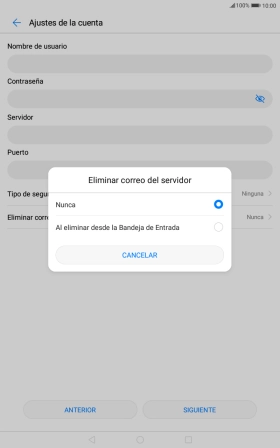 Pulsa Nunca para conservar los correos electrónicos en el servidor cuando los borras de la tablet. Pulsa Nunca para conservar los correos electrónicos en el servidor cuando los borras de la tablet.