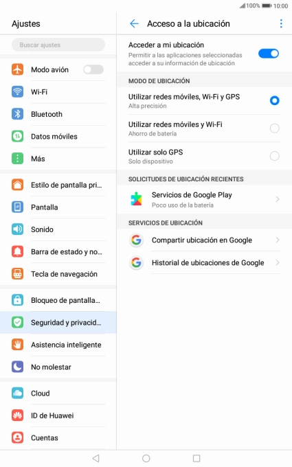 Si seleccionas Utilizar redes móviles, Wi-Fi y GPS, la tablet podrá encontrar tu posición exacta con ayuda de los satélites GPS, la red móvil y una red wifi cercana. El GPS por satélite requiere vista libre al cielo. Si seleccionas Utilizar redes móviles, Wi-Fi y GPS, la tablet podrá encontrar tu posición exacta con ayuda de los satélites GPS, la red móvil y una red wifi cercana. El GPS por satélite requiere vista libre al cielo.