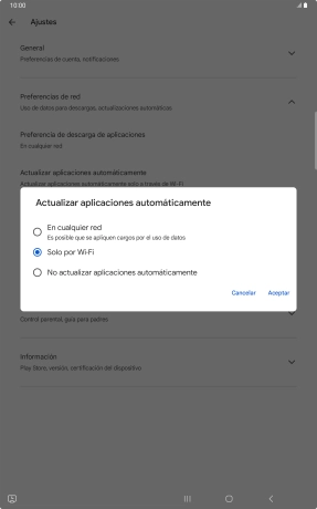 Para activar la actualización automática de apps utilizando la red móvil, pulsa En cualquier red. Para activar la actualización automática de apps utilizando la red móvil, pulsa En cualquier red.